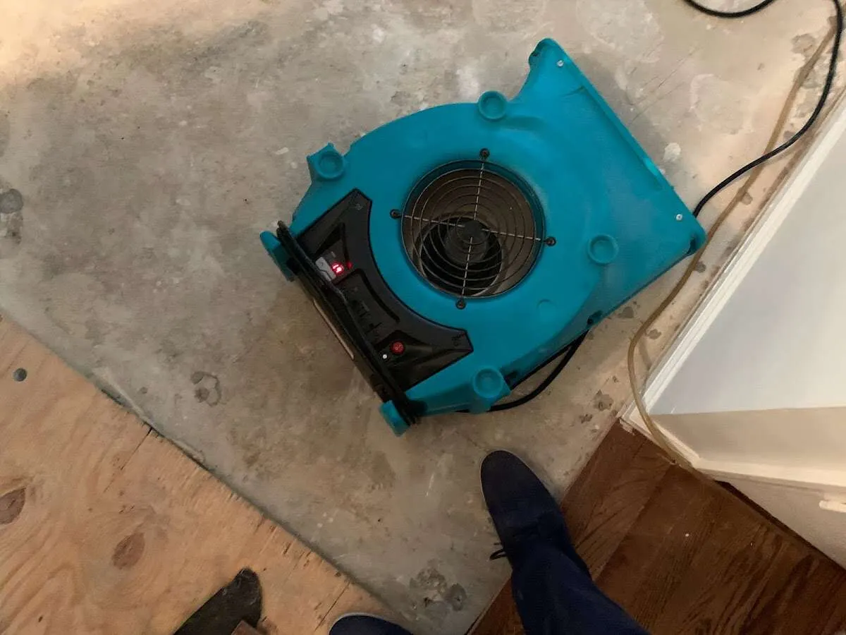 Air mover drying subfloor during Commercial Water Damage Restoration in Gun Barrel City